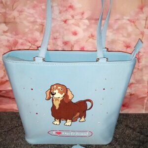 BEAUTIFUL POWDER BLUE COLORFUL "I LOVE DACHSHUND" SHOULDER HANDBAG/TOTE BAG